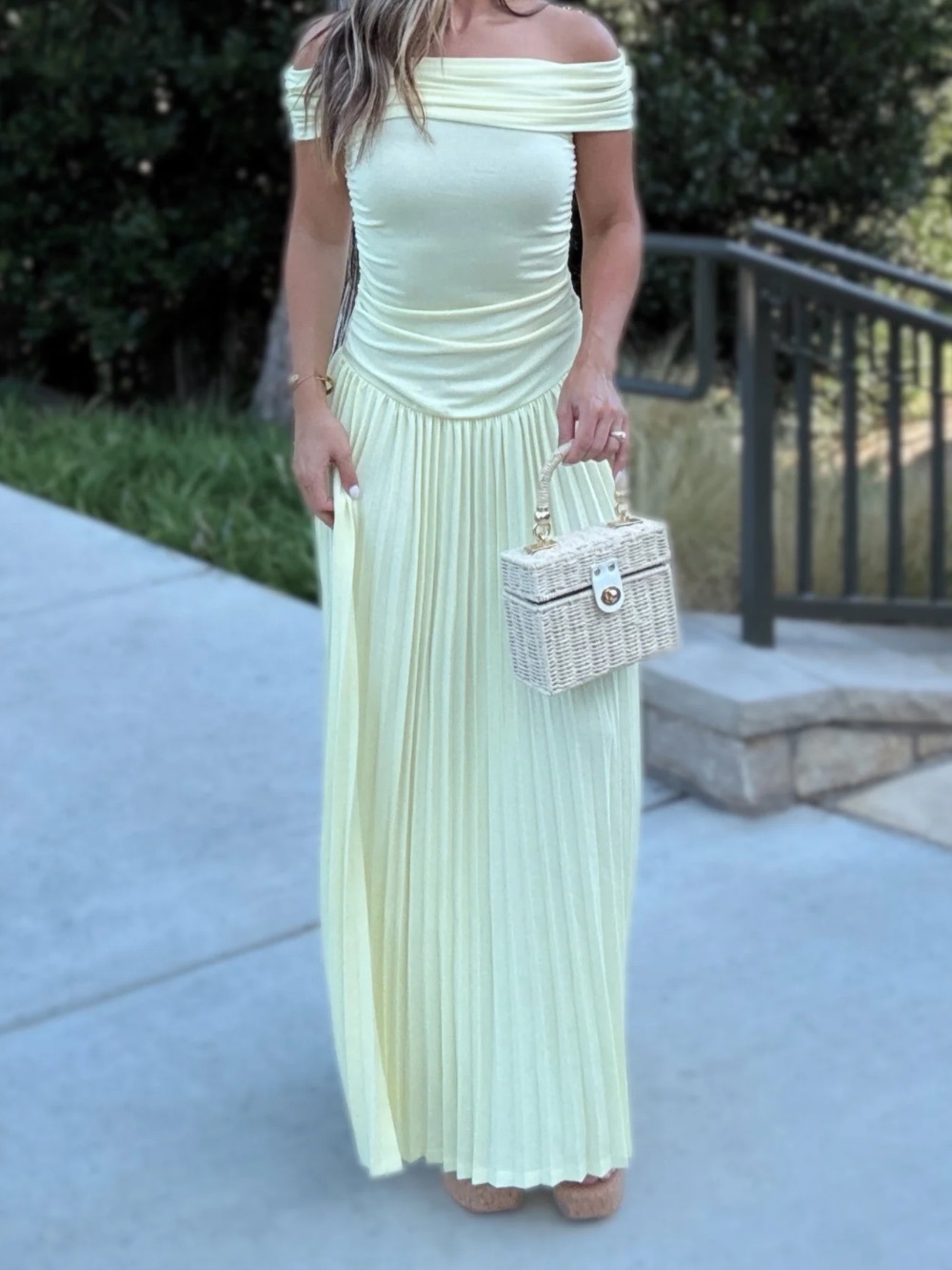 Rumored Light Yellow Off-Shoulder Pleated Maxi Dress